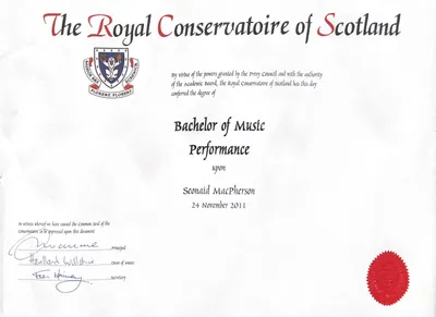 Bachelor of Music certificate, Royal Conservatoire of Scotland